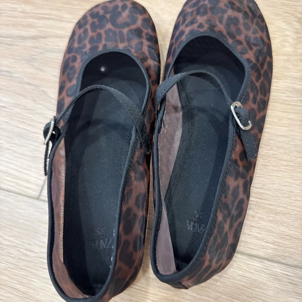 Zara Brown Leopard Print Mary Jane Flats